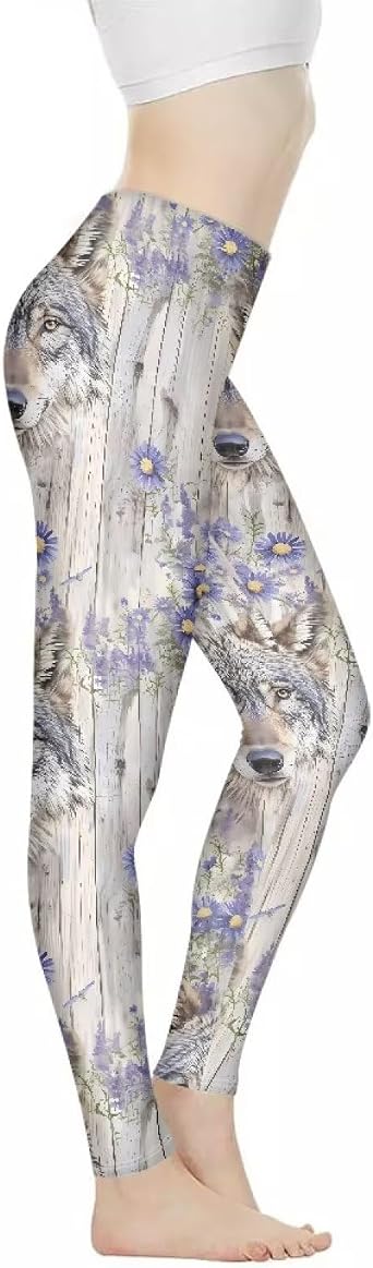 Trippy Purple Military Camellia Womens Yoga Pants, Flame Wolf Dragonfly Soft Tummy Control High Waisted Leggings