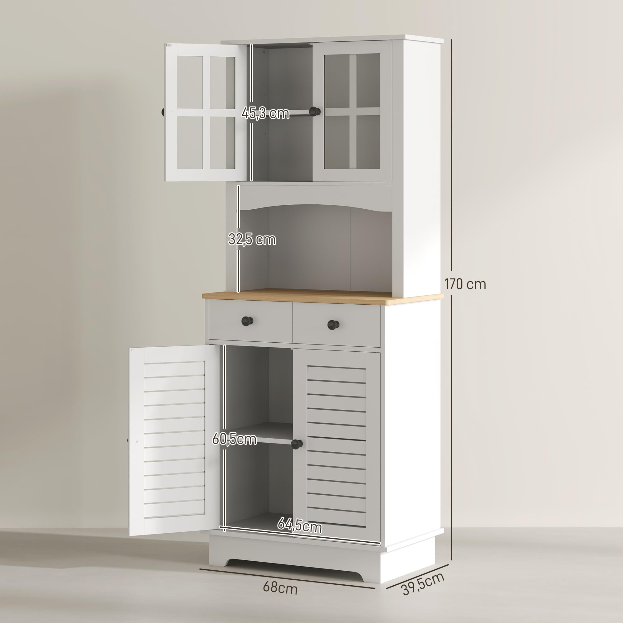 HOMCOM Küchenschrank, Hochschrank mit 2 Schränken, Küchenbuffet mit verstellbaren Ablagen, Buffetschrank, Esszimmerschrank für Küche, Esszimmer, 68 x 39,5 x 170 cm, Weiß
