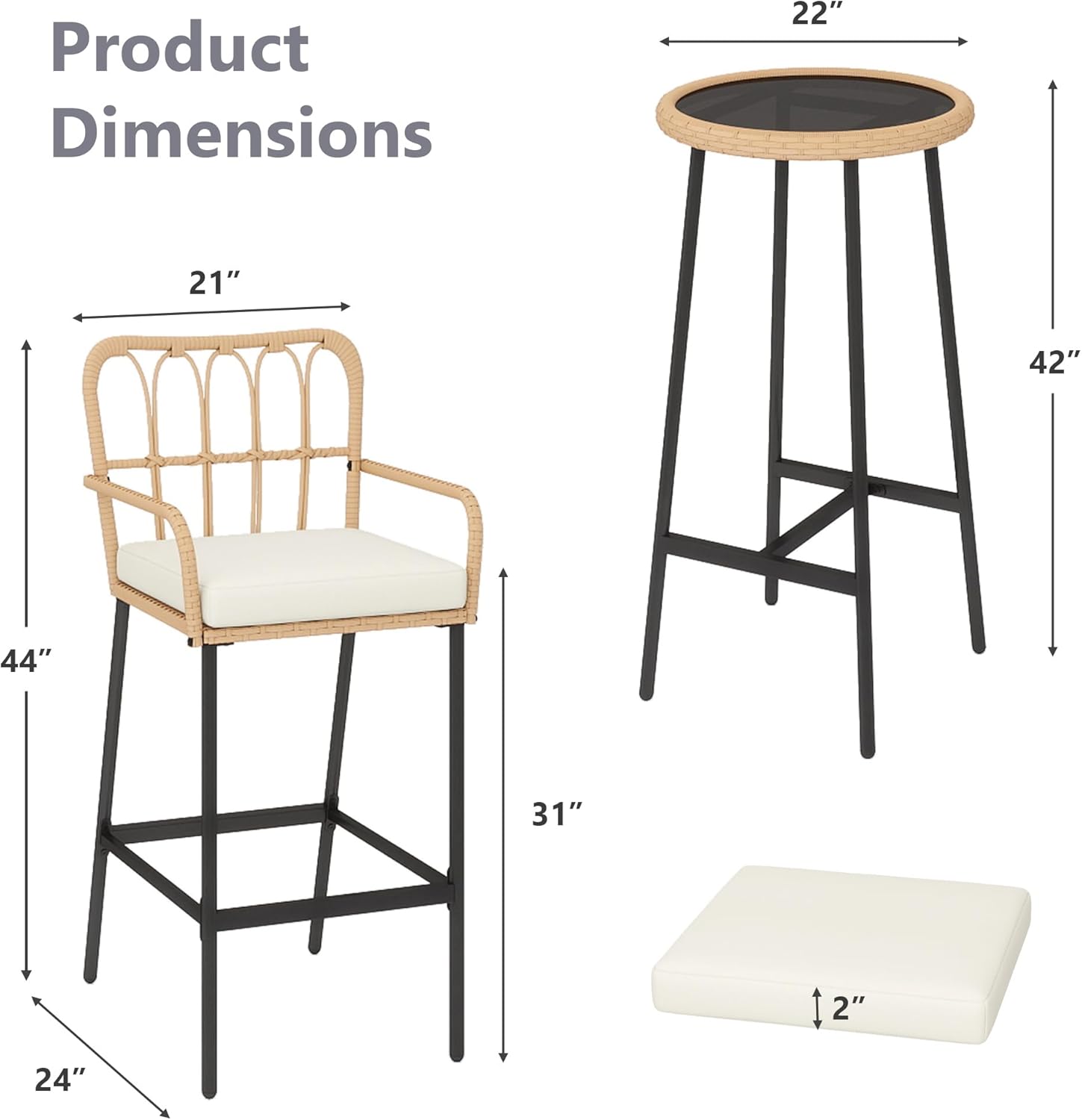 3 Pieces Outdoor Bar, Wicker Outdoor Bar Table and Outdoor Bar Stool Set of 2, Outdoor Bar Set with Thick Lumbar Pillow for Backyards, Porches-Beige