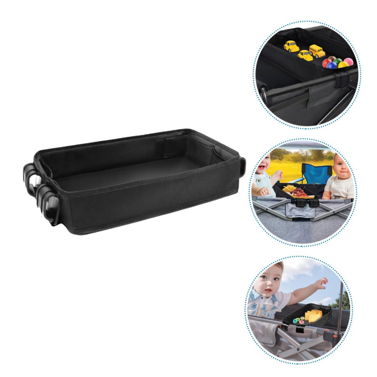 Plateau pour Poussette Bébé Xl en Toile Noire, Accessoire | Porte-gobelet, Support de Téléphone, pour Berceau et Poussette, Clip-on, Format Portable