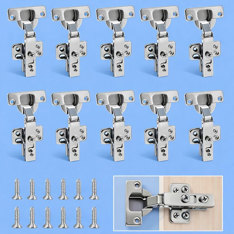 10 Pcs Heavy Duty 35mm Cabinet Hinges Slide-on 110 Degree Full Overlay Self Closing Hinges for Kitchen Cabinets Bathroom Wardrobe Cupboard Folding Doors with Screws