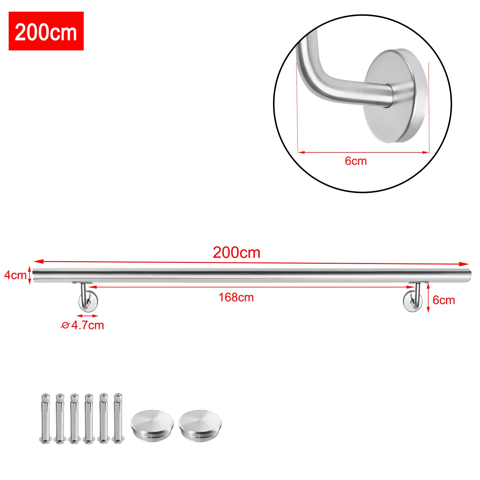 Aufun Poręcz ze stali nierdzewnej z metalowymi kołkami, uchwyt ścienny, do poręczy na zewnątrz, na balkon, balustrada (200 cm, wygląd stali nierdzewnej)