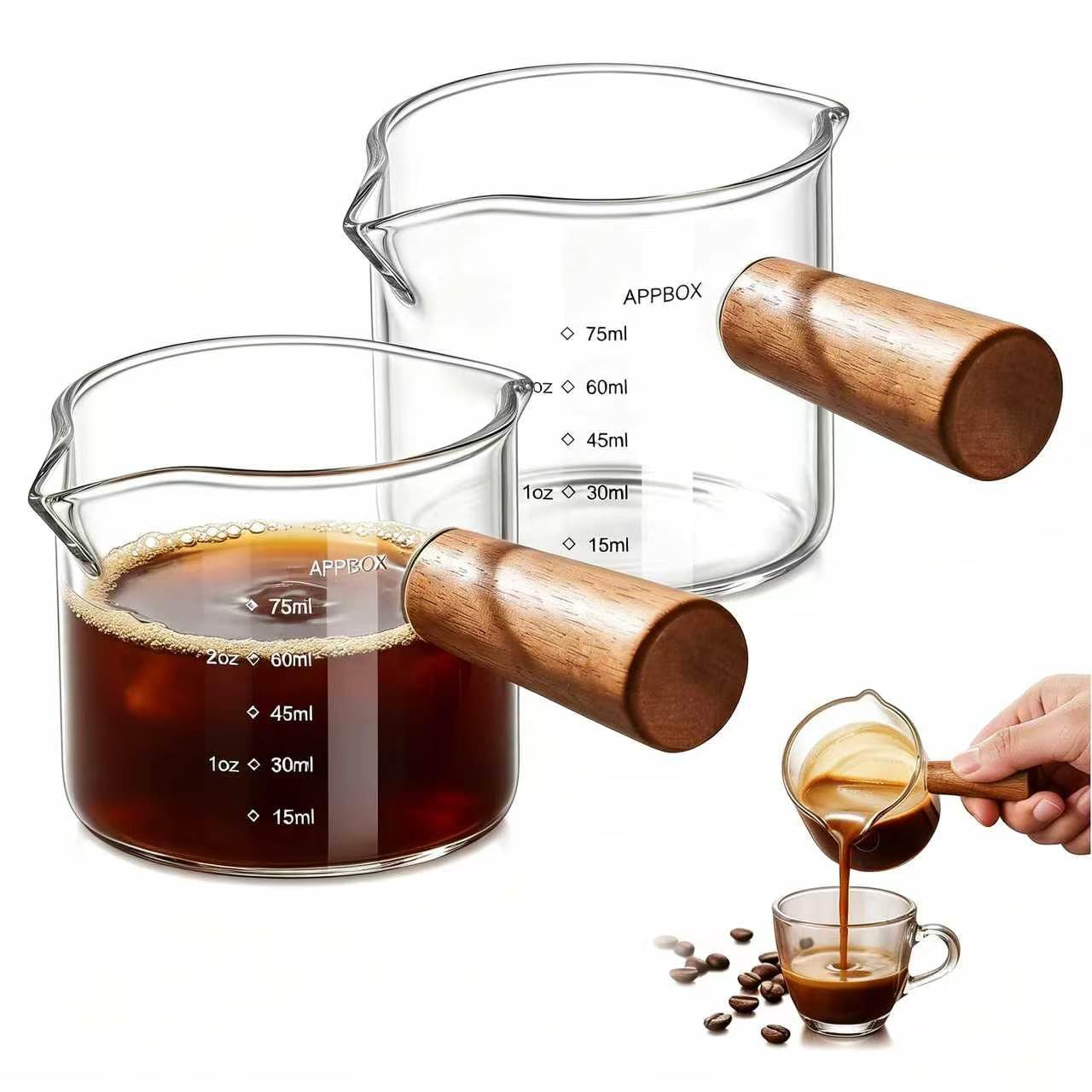 2 Pcs Double Espresso Cups Set, Glass with Wood Handle Shot Measuring Cup