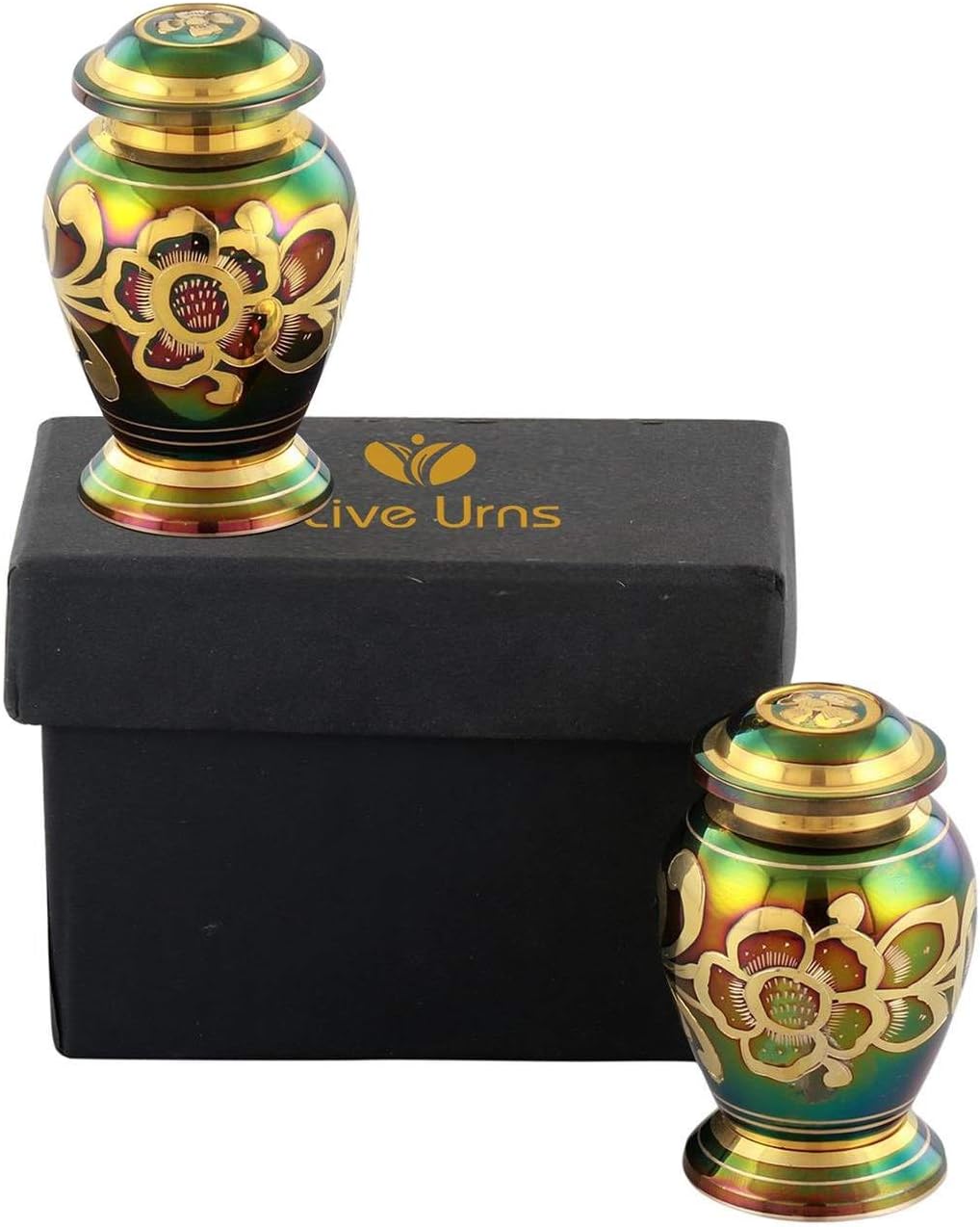Liveurns Set of 2 Floral Emerald Green Cremation Keepsake Urn, Human Funeral Urn - Hand Made