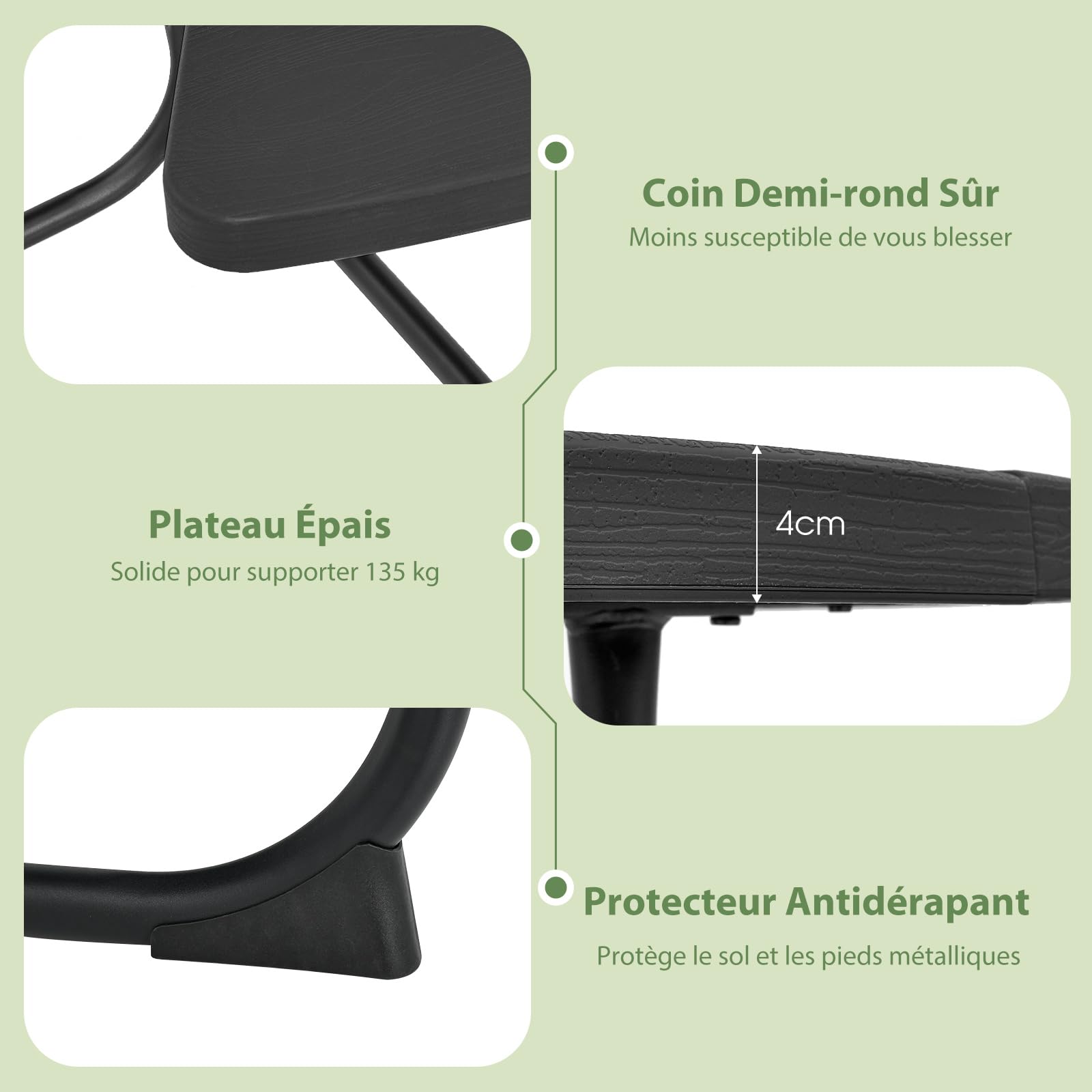 GOPLUS Table de Pique-Nique avec 4 Bancs Intégrés pour 4 à 8 Personnes, Table Jadin Exterieur en HDPE avec Trou pour Parasol,Ronde en Plein Air, Cadre en Métal,Charge 225KG+135KG(Noir)