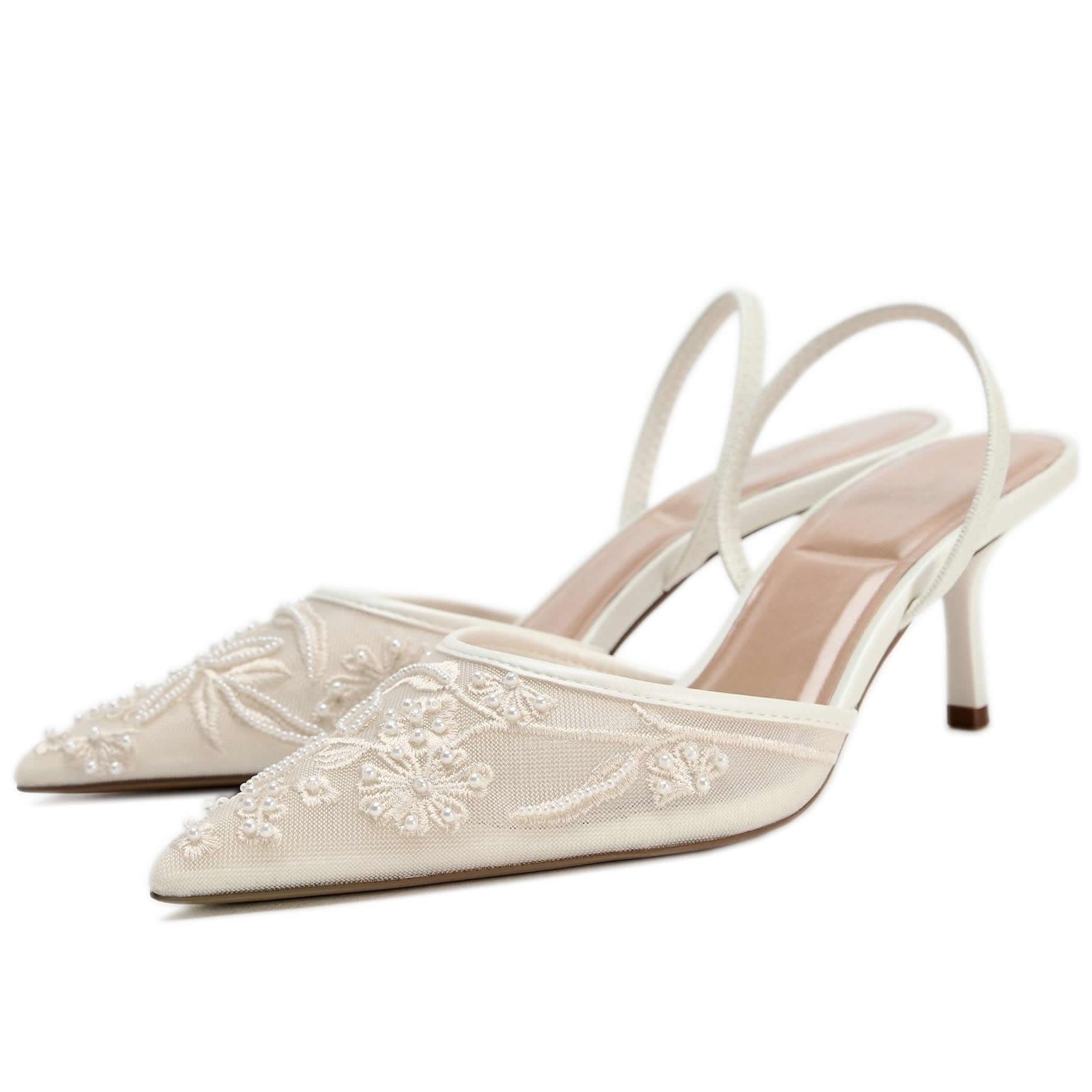Scarpe col Tacco a Spillo con Cinturino Posteriore e Fiocco da Donna, Tacchi a Gattino con Punta affilata, Perline Ricamate in Rete, Scarpe da Sposa per Feste e Matrimoni,1 White,37 EU