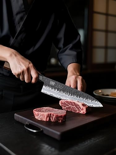Miniatura 6 de SHAN ZU Cuchillo japonés de 8 pulgadas, cuchillo de chef Gyuto forjado a mano de 9 capas de alto carbono 10CR18MOV, cuchillo de cocina de acero