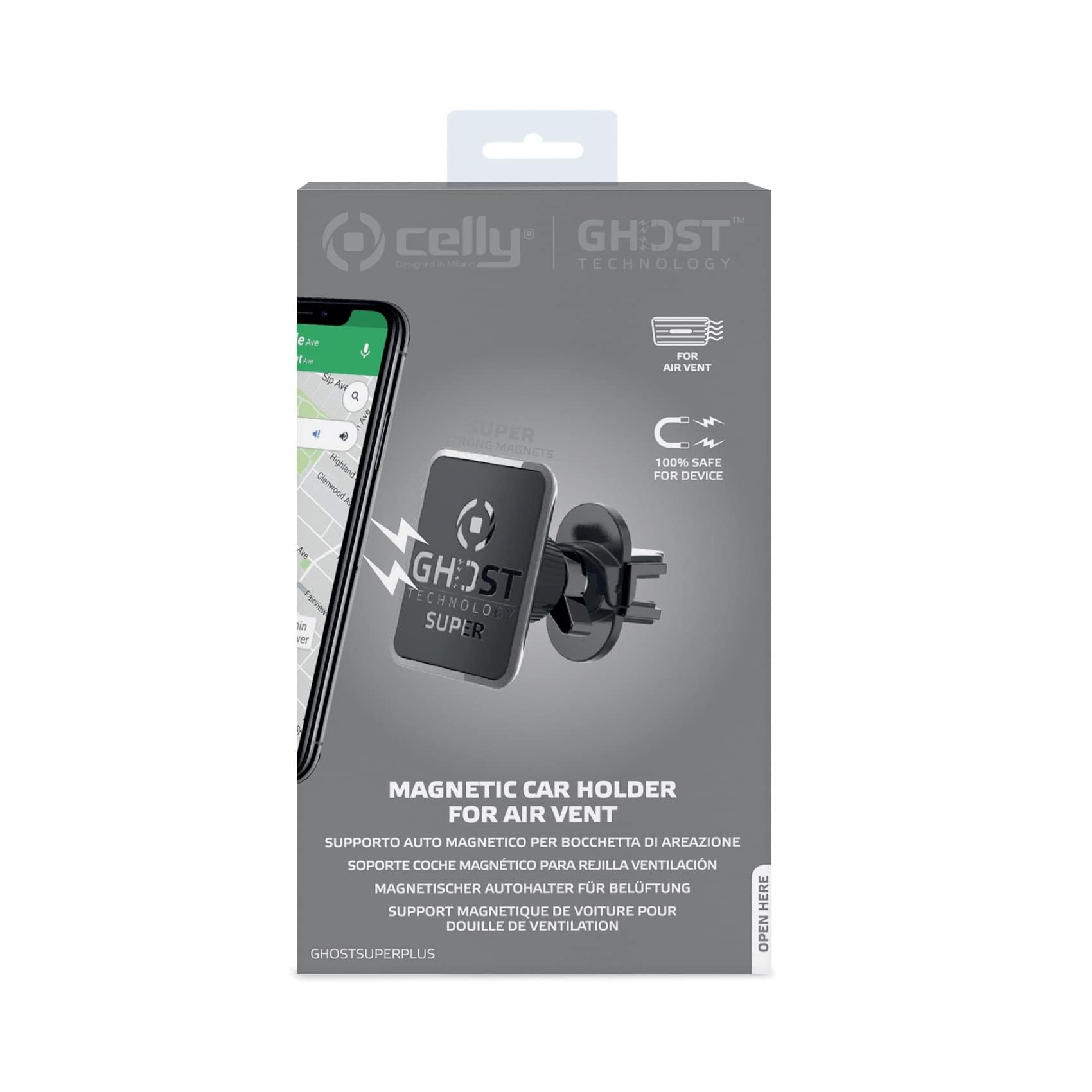 Celly Ghost Superpls Araç Telefon Turucu Siyah, 6 Ultra Güçlü Mıknatıs, Akıllı Telefonunuzun Cihaz Üzerinde En İyi Tutuşunu Sağlar,2 Adet Metal Plaka Dahildir, 6 mm Derinliği Ve Şık Tasarım