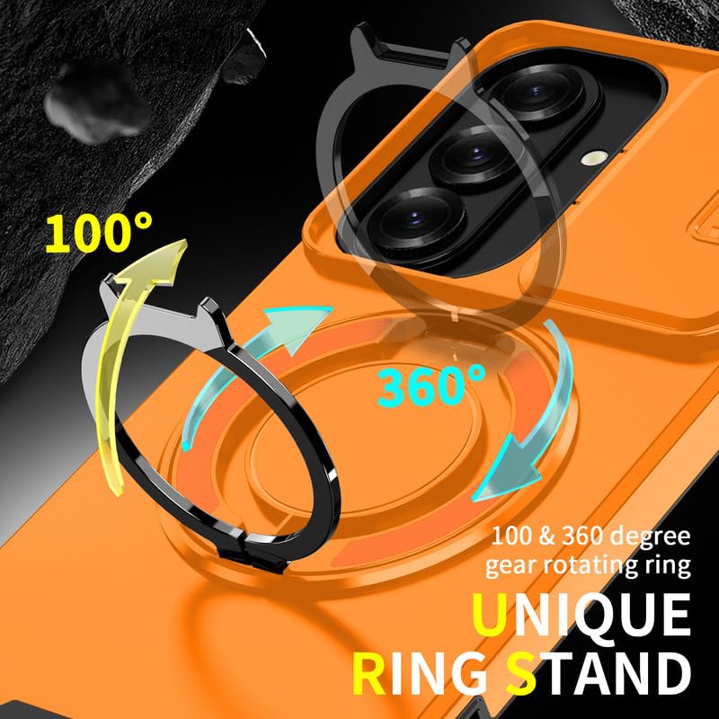 Image of LuxuryKase Shockproof Rugged Case for Samsung Galaxy S26 Plus | Slide Camera Cover | 360 Rotating Ring Kickstand | Military-Grade Protection - Sunset Orange