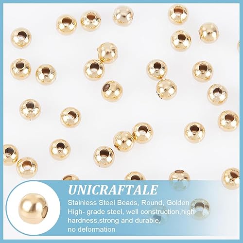 Miniatura 5 de UNICRAFTALE 500 cuentas redondas de acero inoxidable dorado de 0.118 pulgadas de diámetro, cuentas sueltas redondas lisas y sueltas de metal para