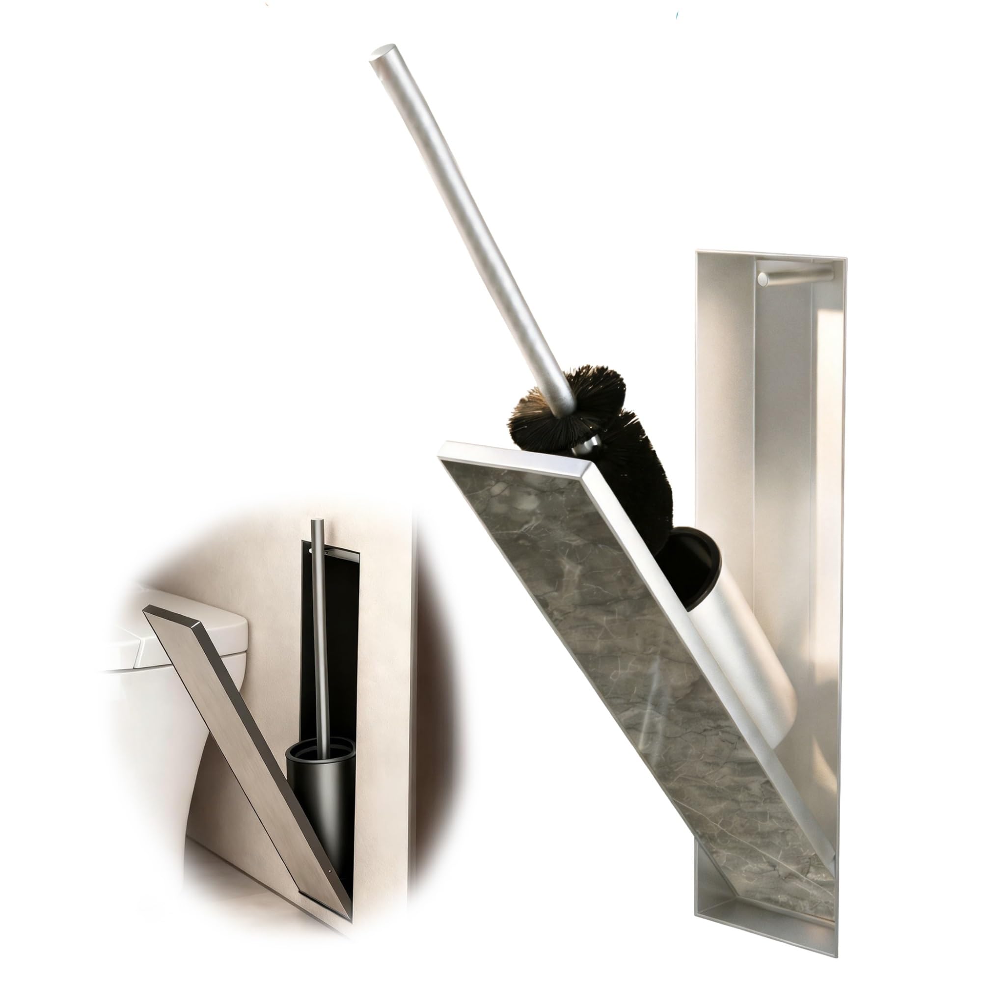Soporte para escobilla de Inodoro Empotrado Oculto de Acero Inoxidable para nicho de Ducha con Cierre elástico. Ahorra Espacio y facilita la Limpieza. Ideal para(Natural)