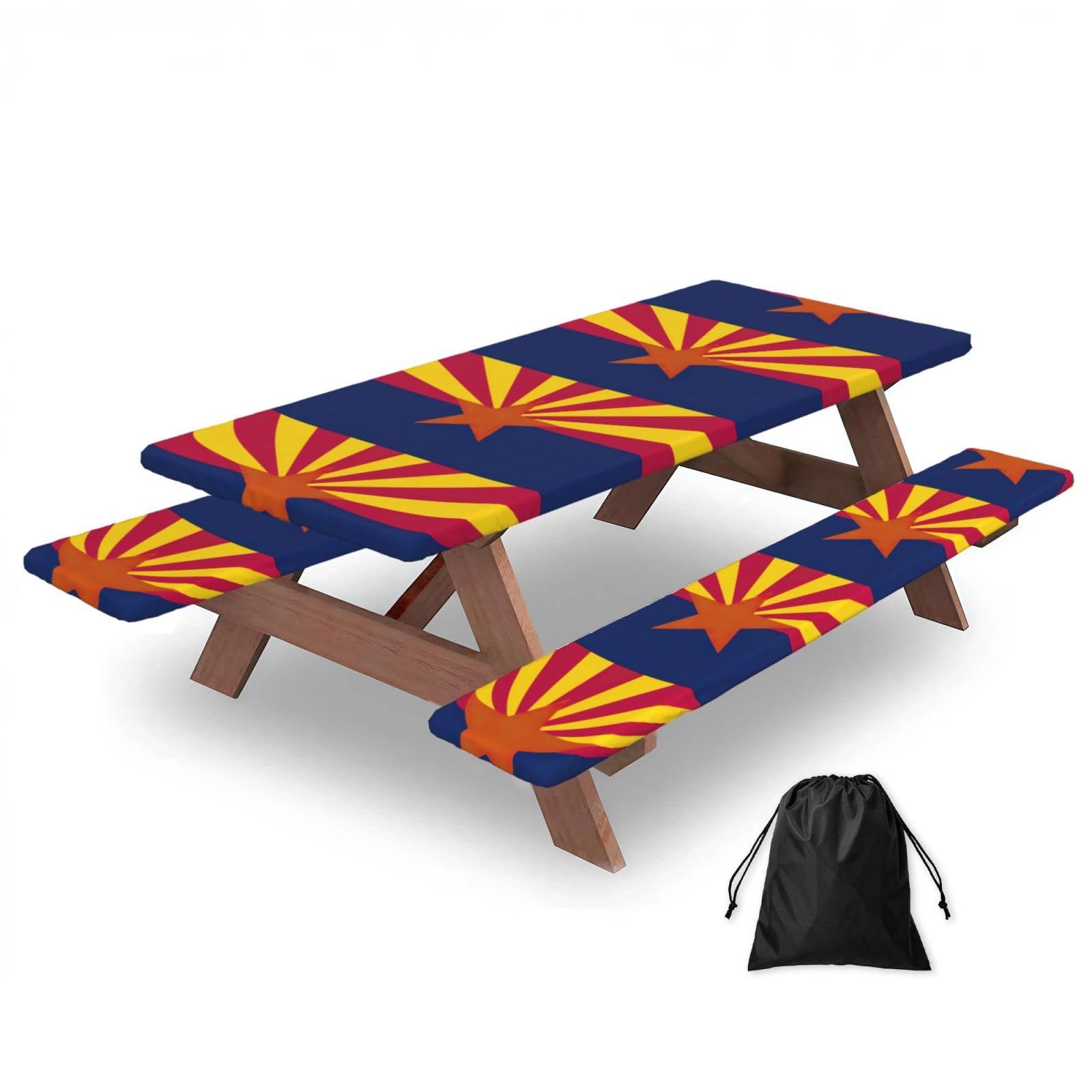 Zyjhyy Black Arizona State Flag Print Party Table Covers With Bench Covers Set Of 3 Picnic Table Cloth Wipe Clean For Garden Camping