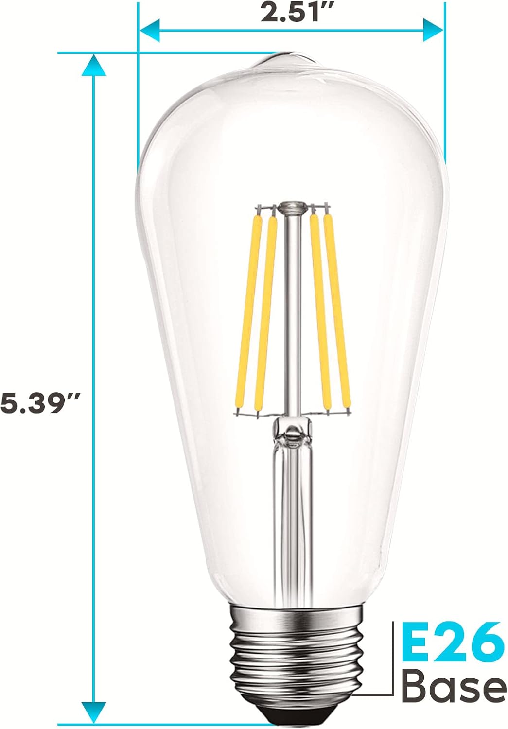 LUXRITE Vintage LED Edison Bulbs 75W Equivalent, ST19 ST58, 4000K Cool White, 800 Lumens, Dimmable LED Filament Bulb, 8W, Tear Drop Glass, Damp Rated, UL Listed, E26 Medium Base (4 Pack)