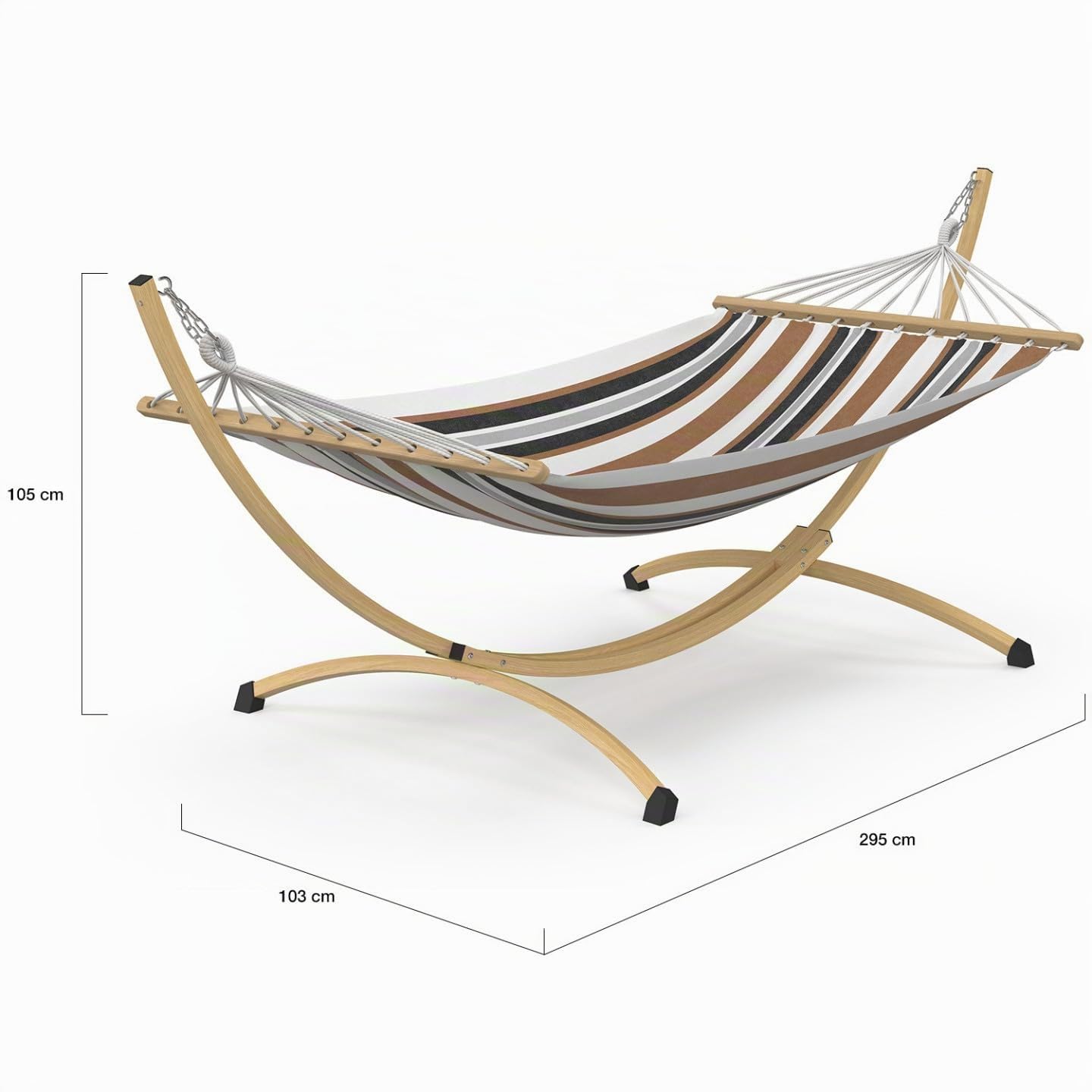 IDMarket – Hamaca XL con soporte de metal, efecto madera y tela rayada negra, blanca y chocolate