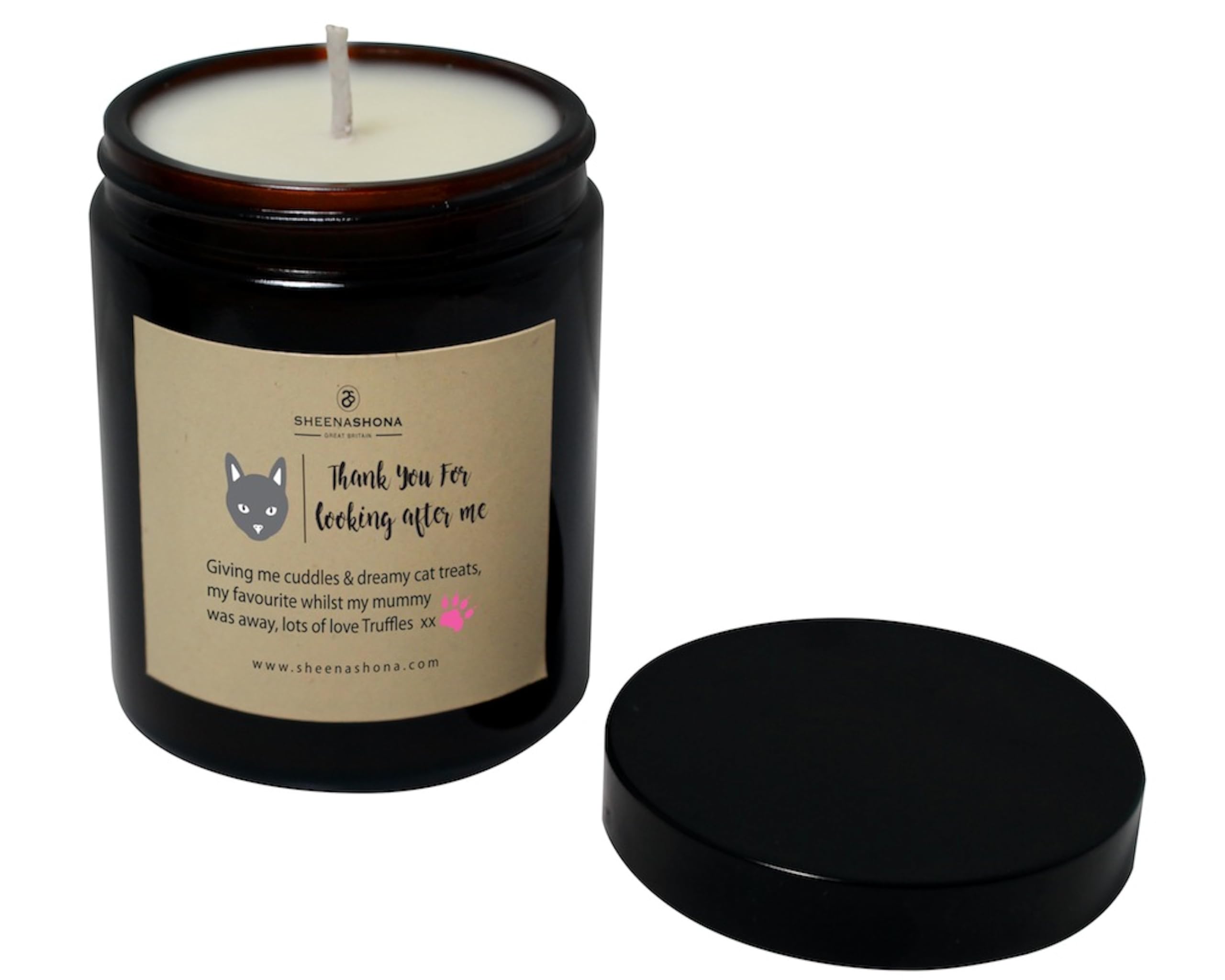Thank You for Looking After My Cat Personalised Amber Jar Candle – Made to Order/Handmade/Personalised/SOYA Wax (White Linen)