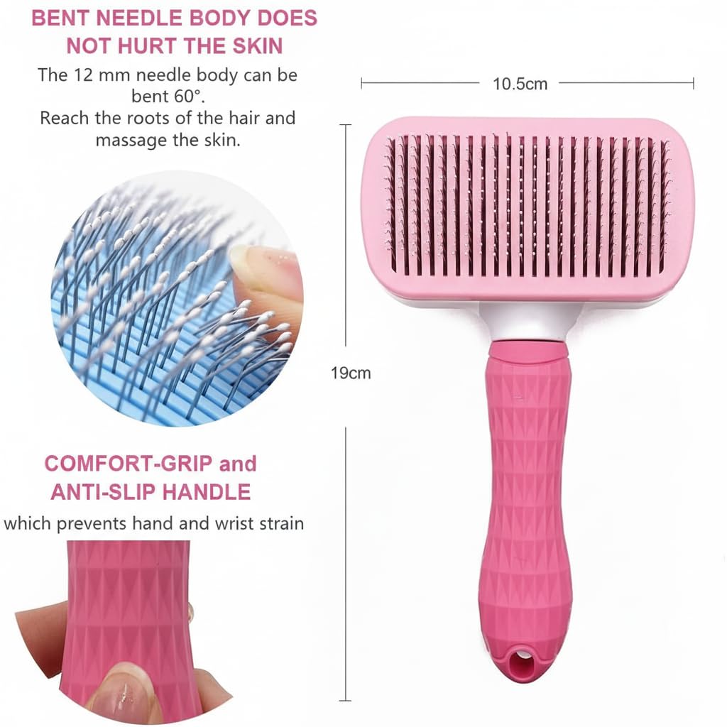 Pet Grooming Brush for Dogs and Cats, Self-Cleaning Detangling Comb, Professional Deshedding Tool for Long and Short Hair (Pink)