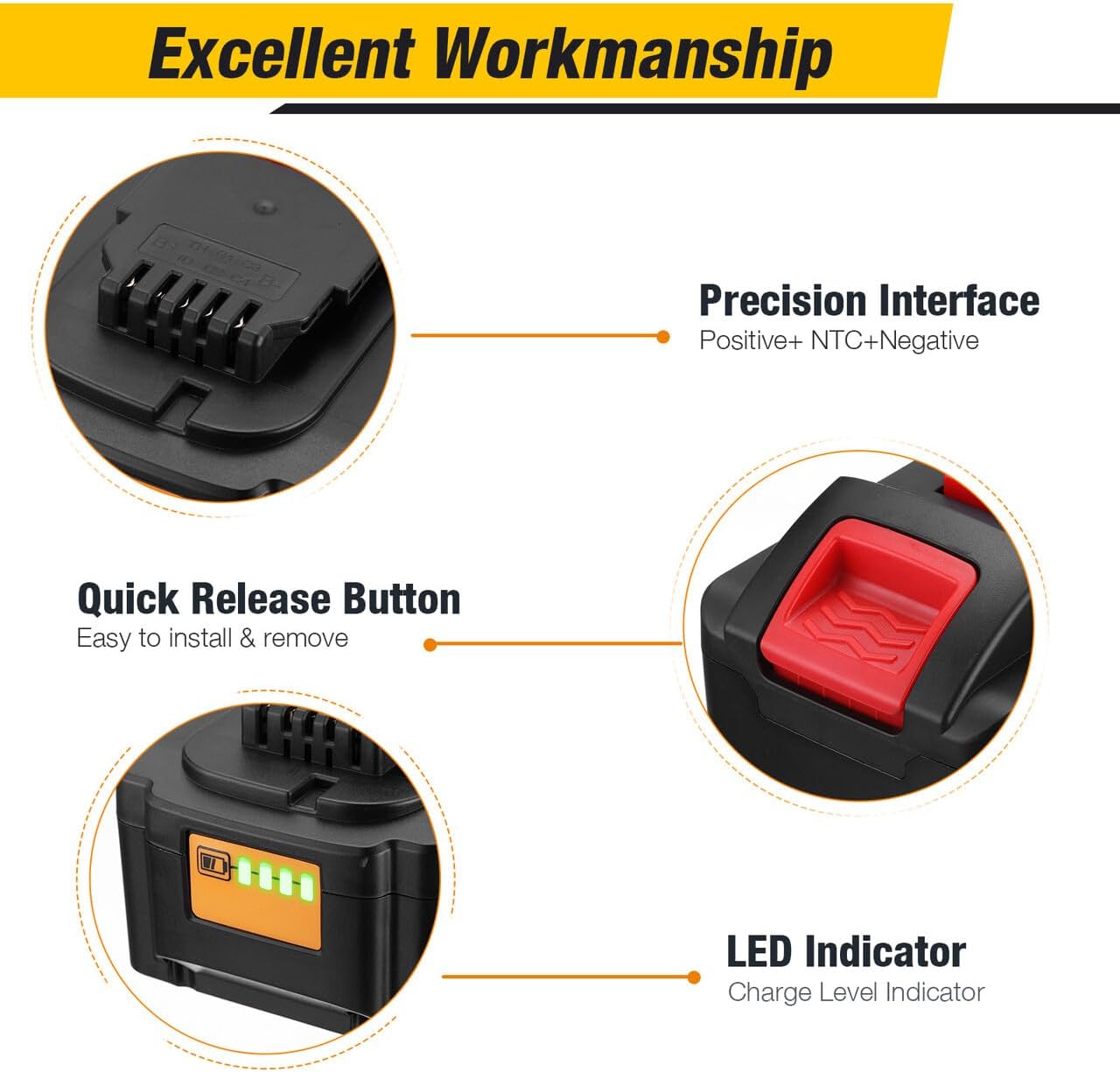 Close-up of the FirstPower Pro 9.0Ah DCB200 battery showing the precision interface, quick release button, and LED charge indicator.