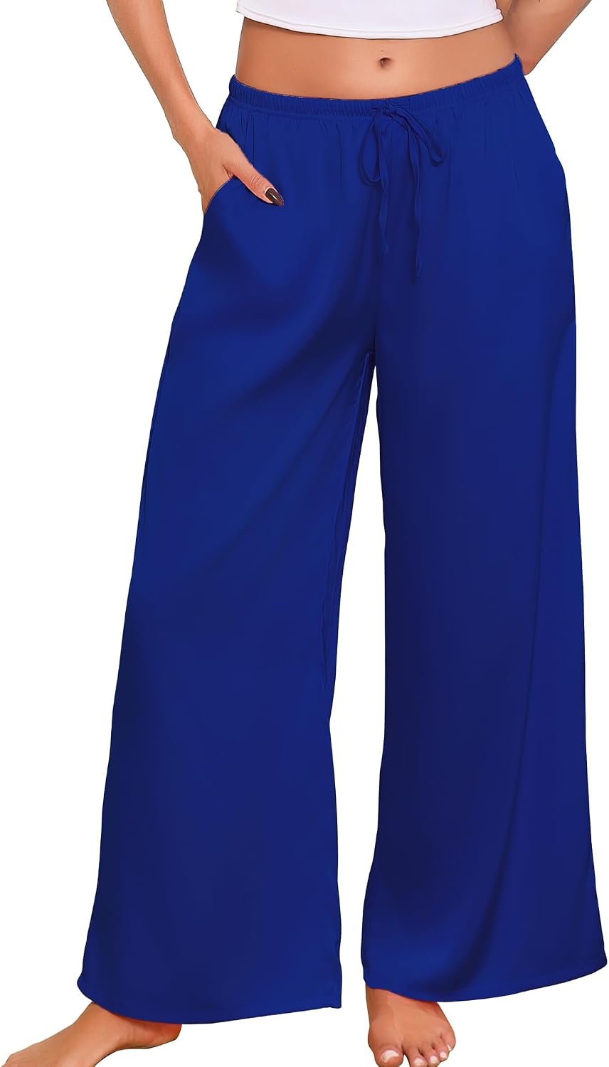 ENJOYNIGHT Womens Satin Silk Pajama Pants Lounge Long Pj Bottoms with Pockets & Drawstring