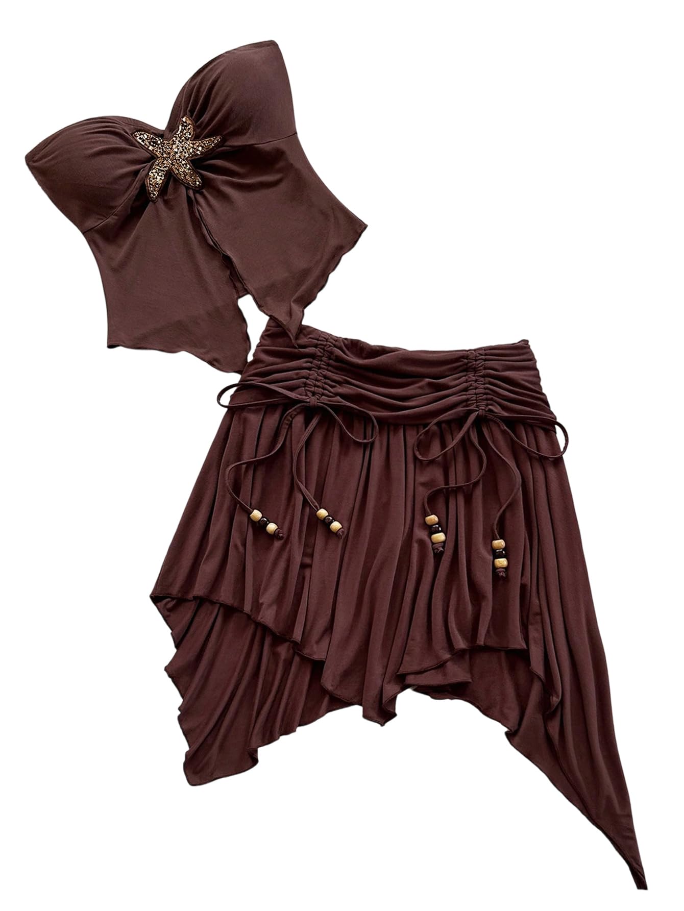 makemechic Women's 2 Piece Y2k Outfit Starfish Strapless Tube Tops and Ruched Skirt Set-picture-15
