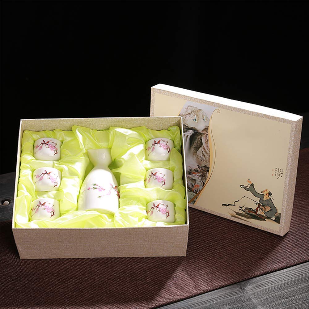 MRKU Set da 7 Pezzi per sakè, Set di Bicchieri da Vino in Ceramica, Design con Fiori sotto Smalto, per tè Shochu Freddo Caldo e Caldo, Il miglior Regalo per la Famiglia e Gli Amici - Servizio da tè