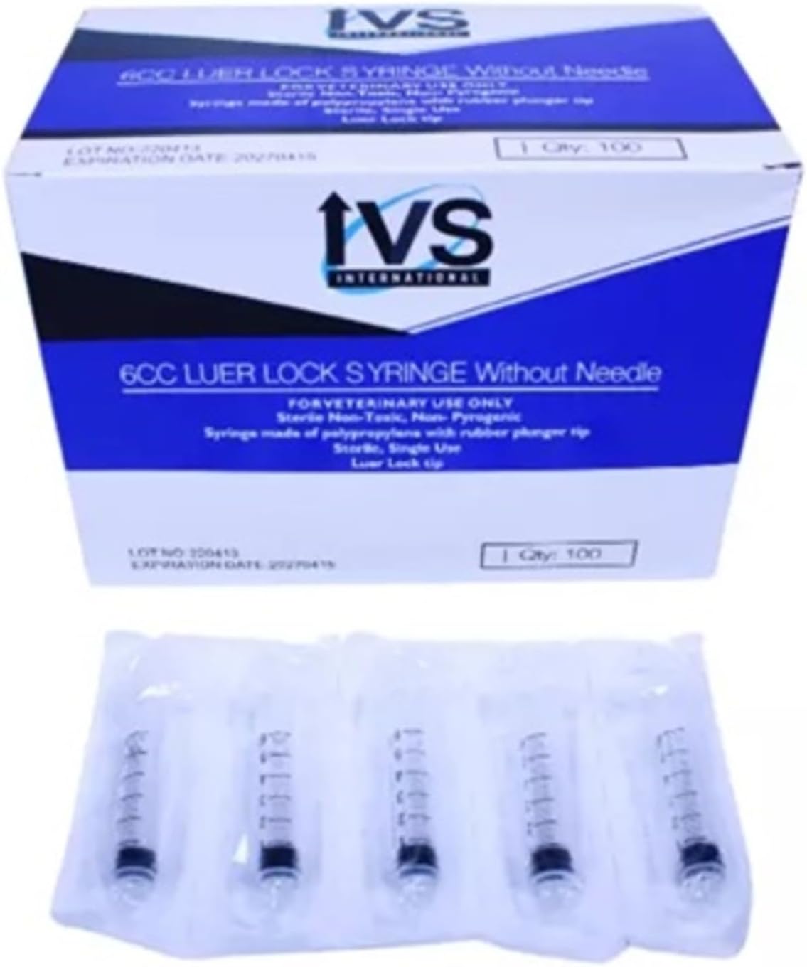 IVS Luer Lock Disposable Syringes without Needles, 6cc | Sterile Single-Use Syringes for Veterinary & Livestock Care | Box of 100