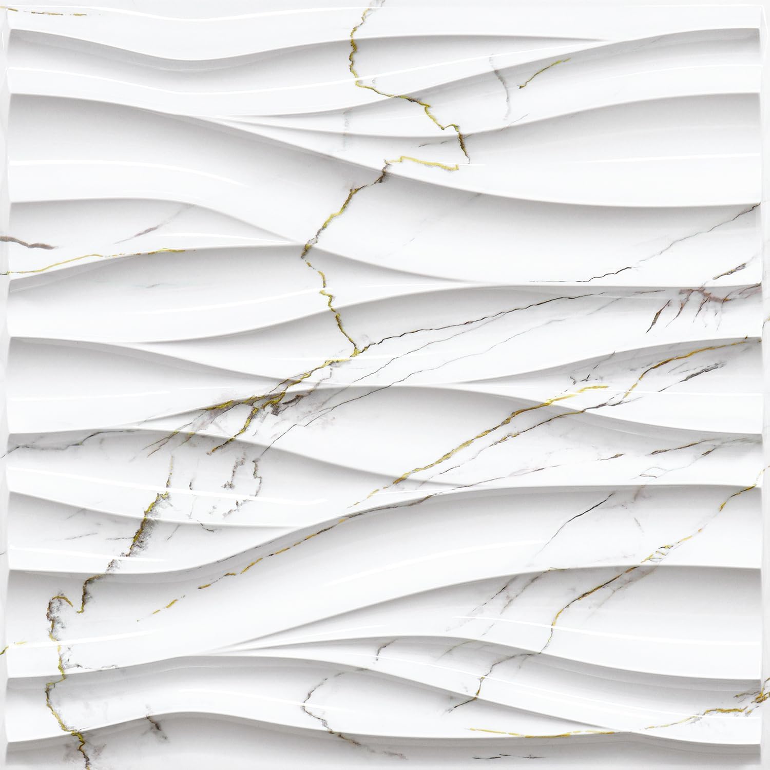 STICKGOO Wave Wall Panels for Interior Wall Decor, White Marble Mixed Gold Thread 3D Wall Panels Accent Wall, Decorative PVC Panels for Living Room Bedroom TV Background