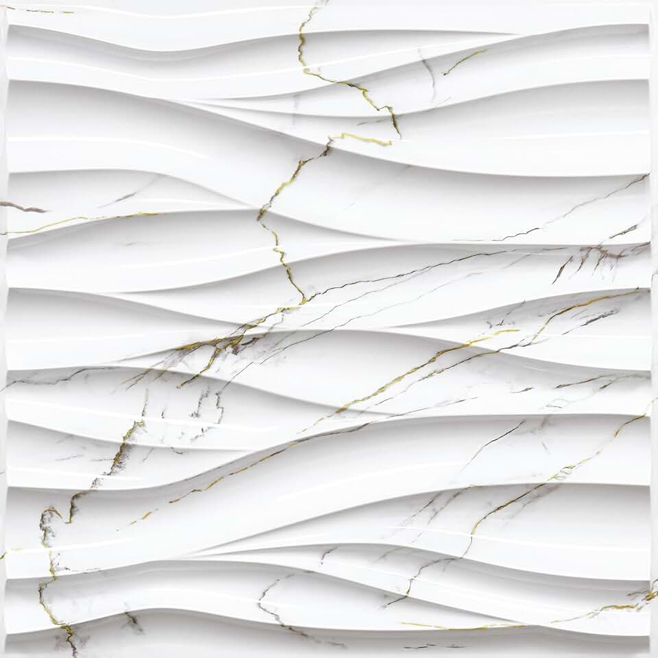 STICKGOO Wave Wall Panels for Interior Wall Decor, White Marble Mixed Gold Thread 3D Wall Panels Accent Wall, Decorative PVC Panels for Living Room Bedroom TV Background ClimeCo Certified