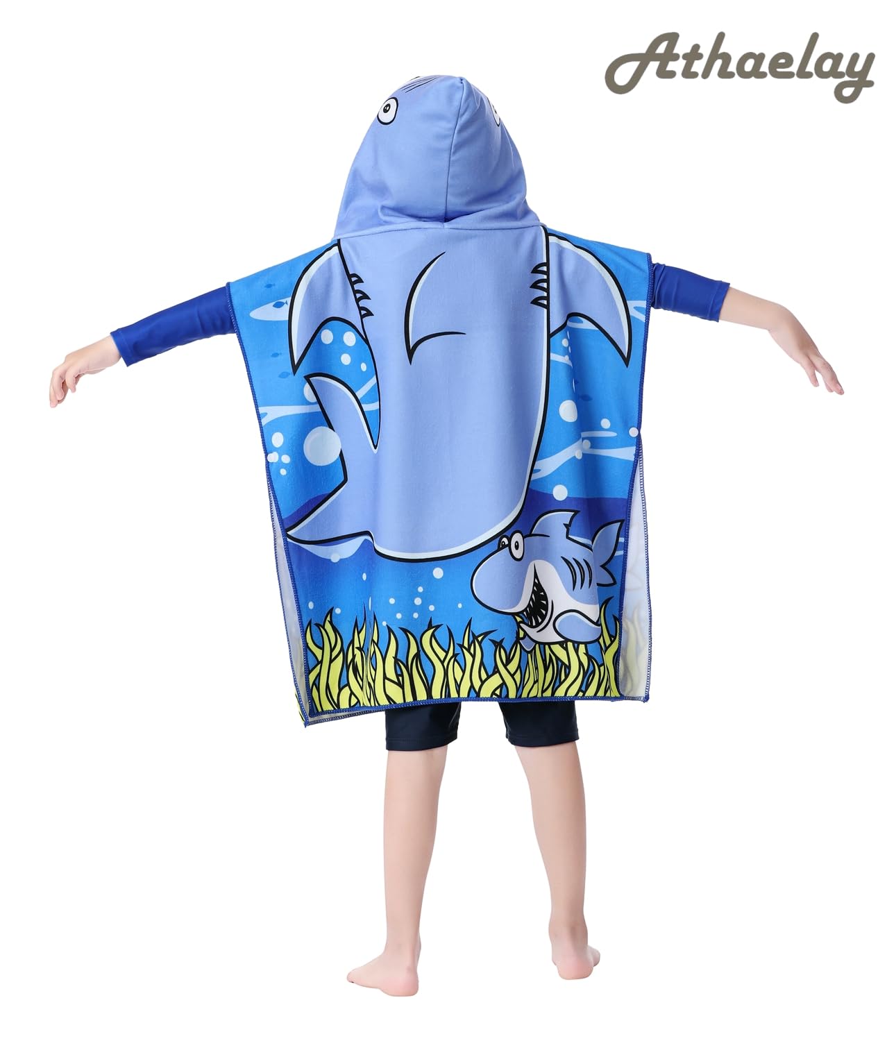 Toalla de playa ligera de microfibra con capucha para niños, niños pequeños, baño/piscina/poncho de natación (tiburón azul)