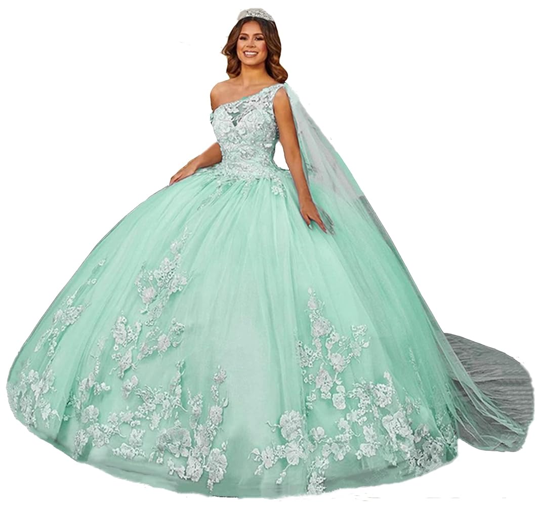 【sahara/サハラ】TulleSleeveSatin Dress TSxuelian Women's One Shoulder Sweet 16 Quinceanera Dresses