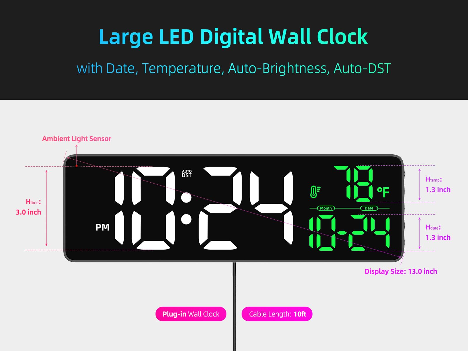 Große LED-Digital-Wanduhr mit Datum, Temperatur, Auto-Helligkeit, Auto-DST | Große Digitaluhr für Schlafzimmer, Schreibtisch, Klassenzimmer, Wohnzimmer, Küche, Büro, Fitnessstudio, Bauernhaus