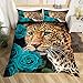 Erosebridal Teal Rose Cheetah Bedding Set,Cat Leopard Print Comforter Cover Set Romantic Flowers Duvet Cover,Animal Theme Bedroom Decor for Boys Girls Youth Men Women Female,King Size