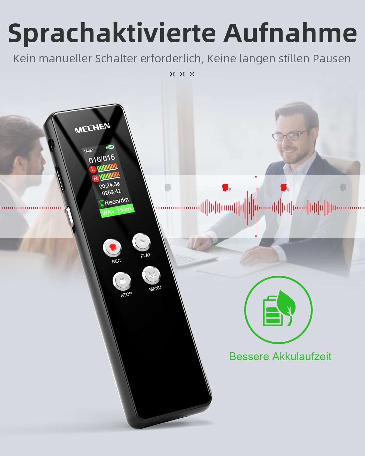 MECHEN 128GB Digitale Diktiergerät, One-Touch-Aufnahme, Sprachsteuerung, 1536kbps Tragbares Voice Recorder, USB C, für Interviews/Klassen/Meeting (128, GB)