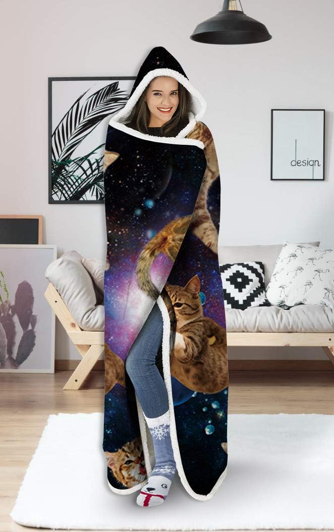uideazone Hooded Galaxy Flying Cat Blanket Wearable Soft Warm Plush Fleece Lined Throw Blankets for Teens Girls Men Women