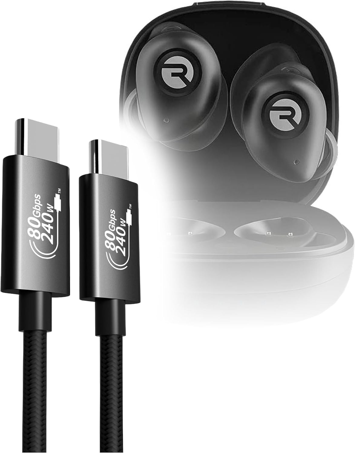 BoxWave Cables & Adapters Compatible with Raycon Fitness Earbuds - DirectSync PD Thunderbolt 5.0 Cable (10 ft 240W), Long Nylon Braided Connector Fast Charge - Jet Black
