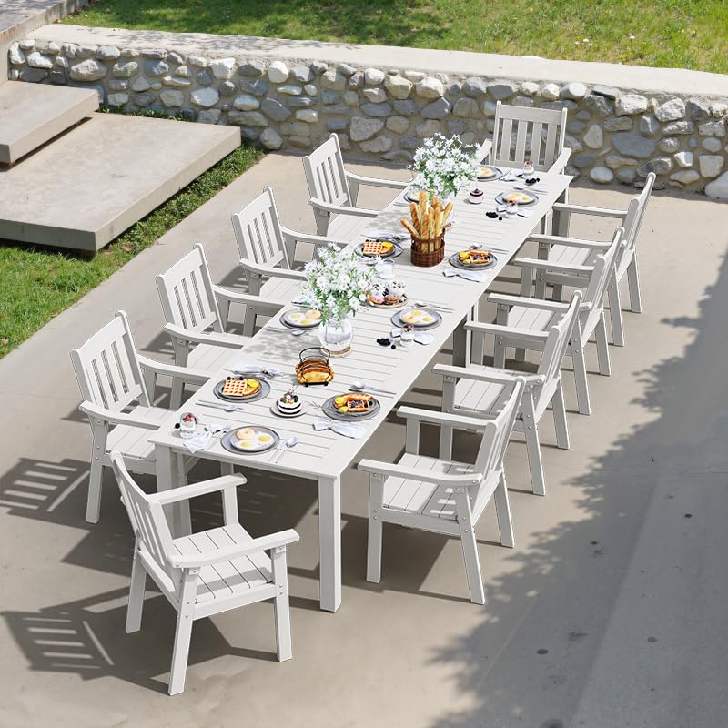Image of YEFU Outdoor Patio Dining Sets: All Weather 12 Piece Dining Table Set for 10 with Umbrella Hole & Aluminum Frame - Outdoor Furniture 2 Table and 10 Chairs for Outside Backyard /Porch /Deck White