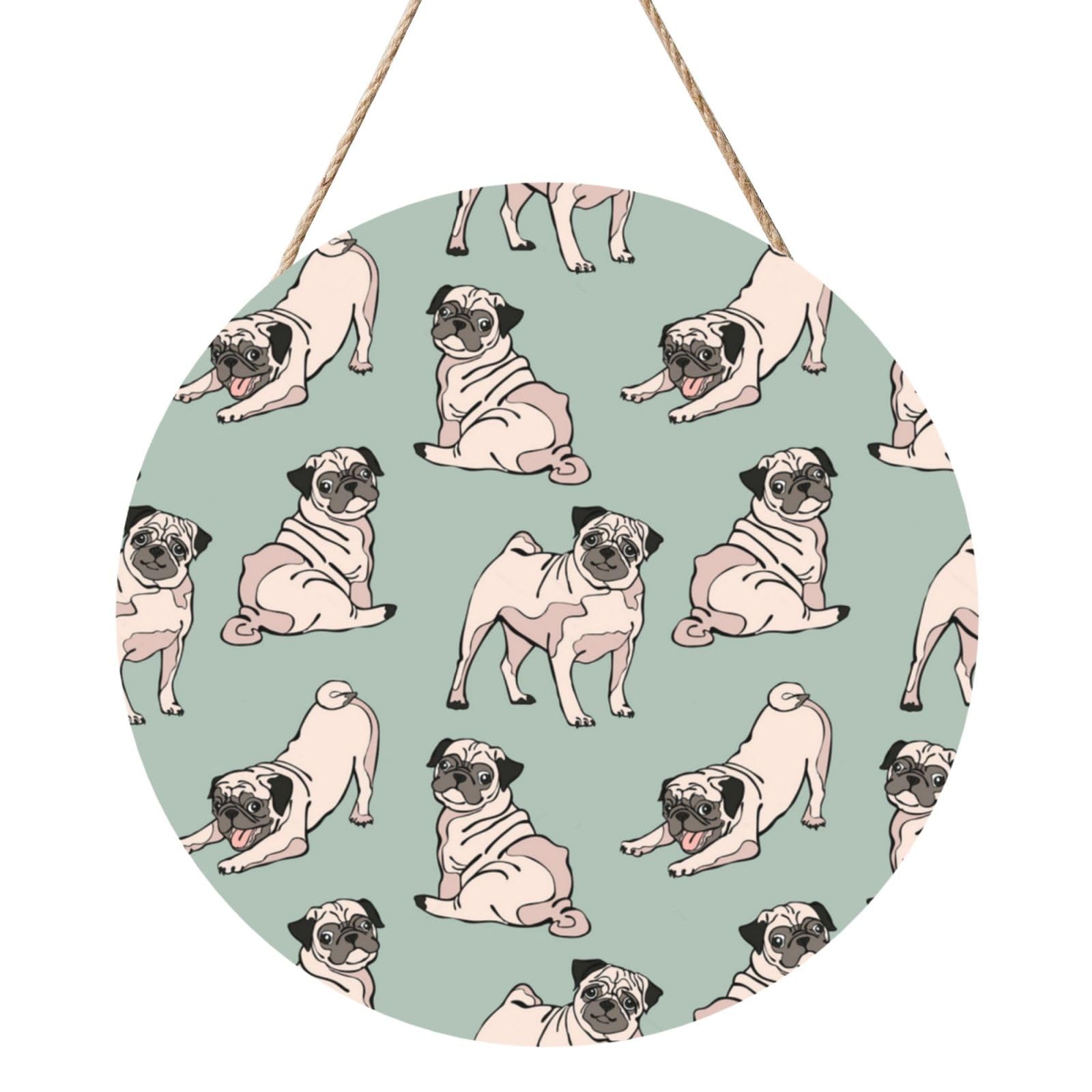 InOmak Pug Dogs Sitting, Round Wood Panel Painting 12 in, Wall Hanging Painting For Home