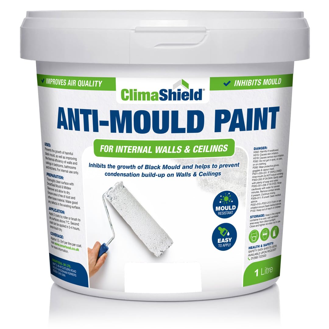 Climashield White Anti Mould Paint - 1L - Anti-Mould Paint For Bathrooms, Kitchens & Bedrooms. Effective Damp Seal For Walls & Ceilings To Prevent The Growth Of Mold & Mildew