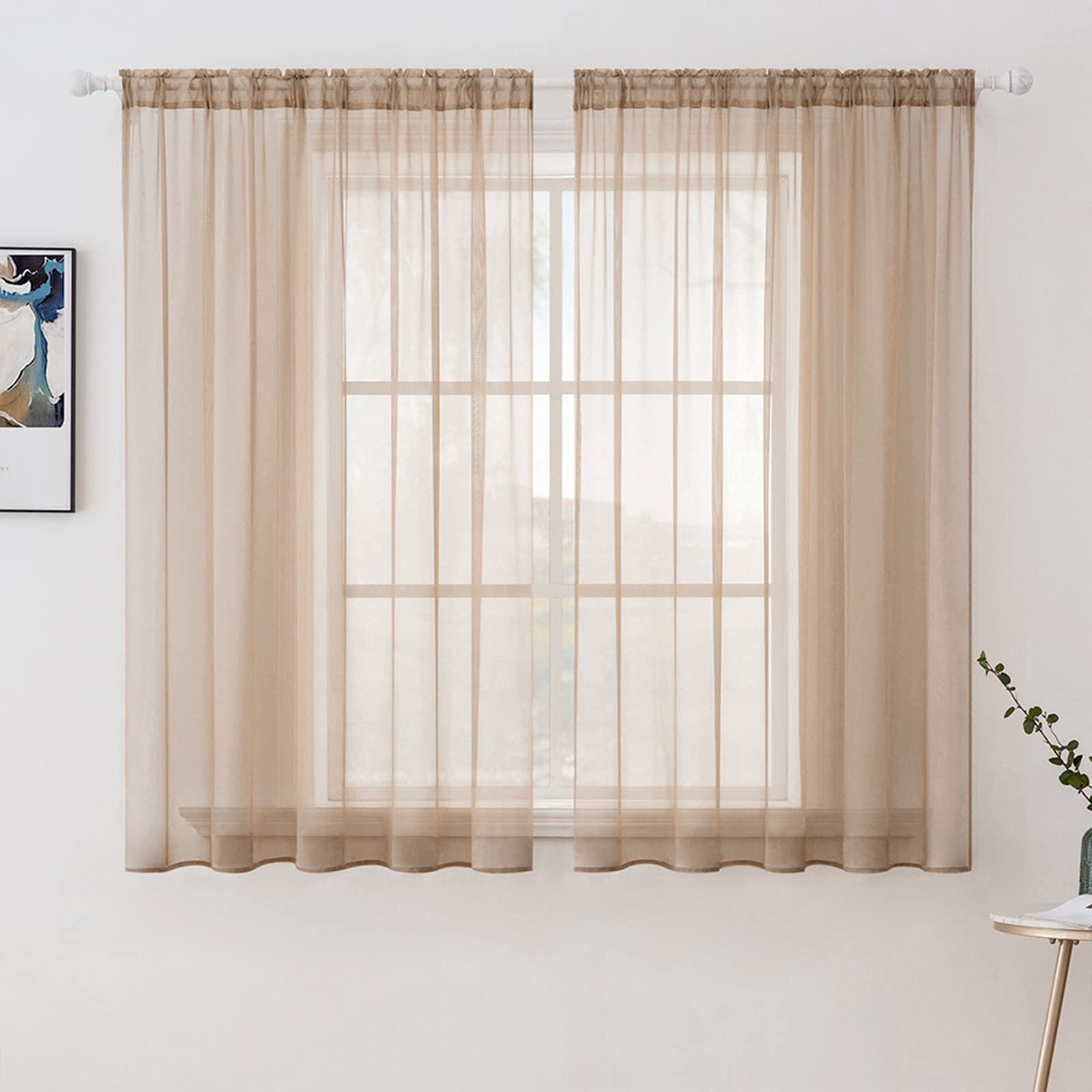 MIULEE 2 Panels Solid Color Sheer Window Curtains Elegant Window Voile Panels/Drapes/Treatment for Bedroom Living Room (54X45 Inches Brown)