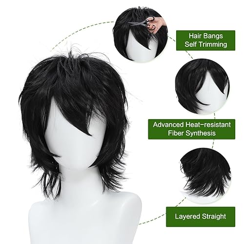 Miniatura 4 de Kavsni Unisex Mujeres Hombres Hombres Corto Negro Esponjoso Pelo Pelucas Anime Cosplay Fiesta Vestido Disfraz Peluca Sintética (negro)