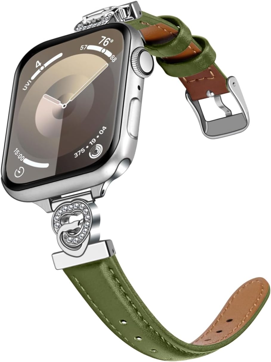 Slim Red Leather Watch Band Compatible with Apple Watch 38mm/40mm/41mm/42mm/44mm/45mm/49mm, for iWatch Series 10/9/8/7/6/5/4/3/2/1 SE/Ultra, Metal Silver Heart-shaped Design Watch Strap Women