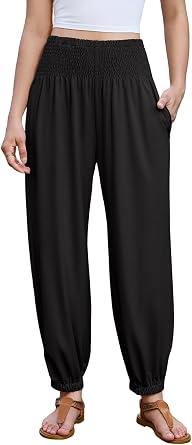 Womens Flowy Wide Leg Palazzo Pants High Waisted Casual Beach Trousers for Summer with Pockets