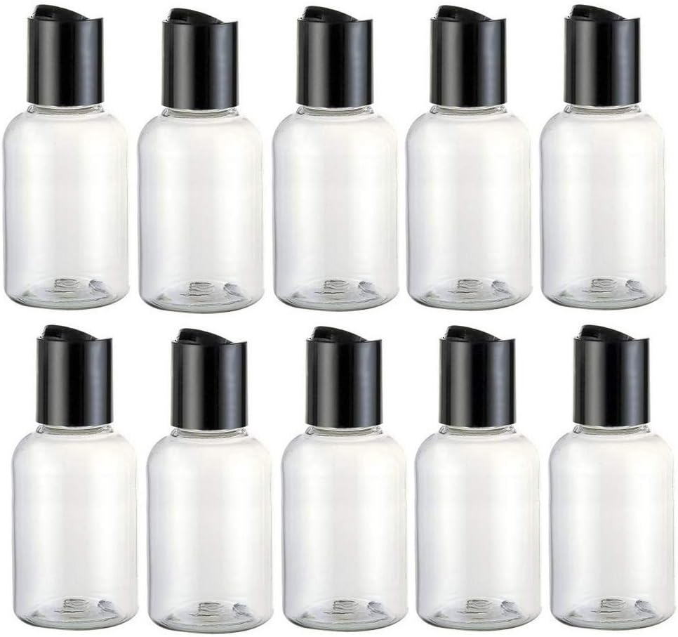 12PCS 50ML 1.7OZ Transparent Empty Plastic Bottle with Black Press Disk Top Cap Toner Lotion Makeup Water Essence Storage Holder Sample Jar Refillable Cosmetic Container for Travel Daily Life Use