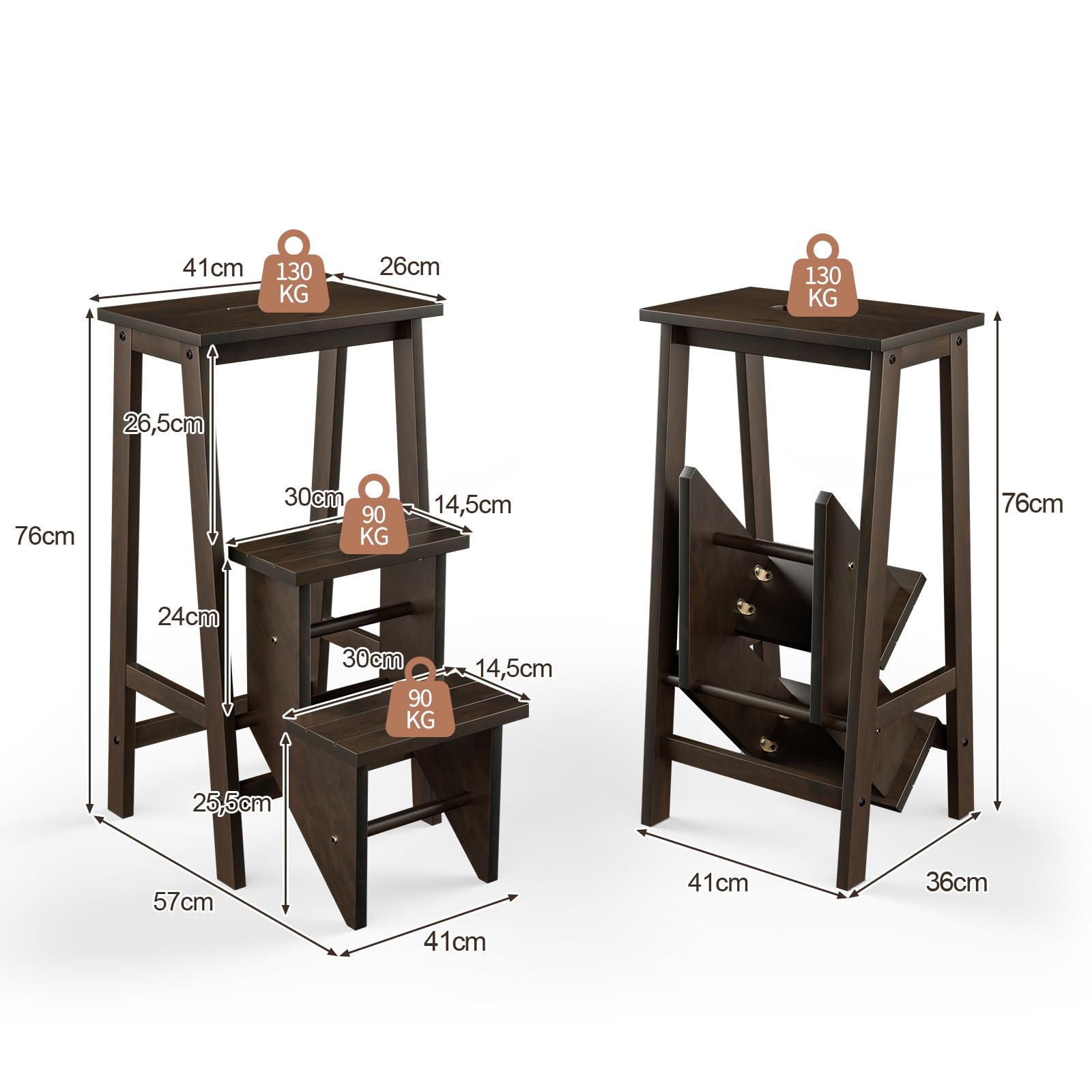 COSTWAY Taboret, drabina z 3 stopniami, składana, z uchwytem, do 310 kg, drabina domowa z litego drewna, antypoślizgowa, taboret do domu, biura, kuchni (ciemnobrązowy)