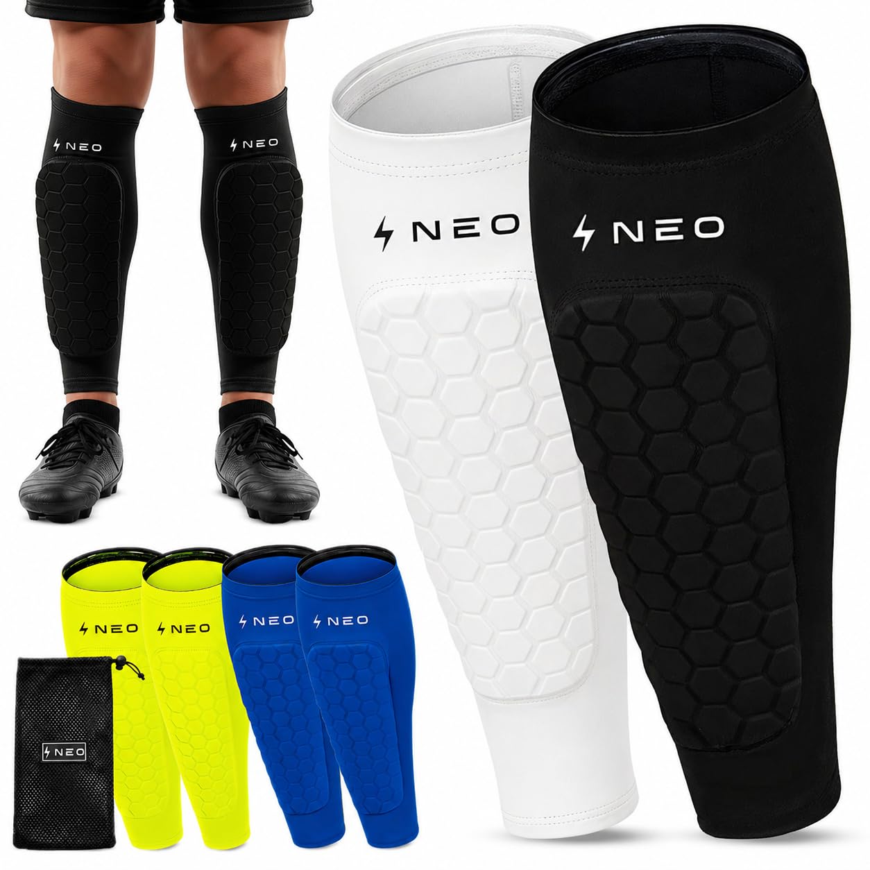 2 Pares Espinilleras Futbol Niño Premium | Protección de Pantorrilla para Adultos y niños | Bolsa De Regalo | Transpirable y Antigolpes | Ideales para Fútbol, Baloncesto, Ciclismo - 1