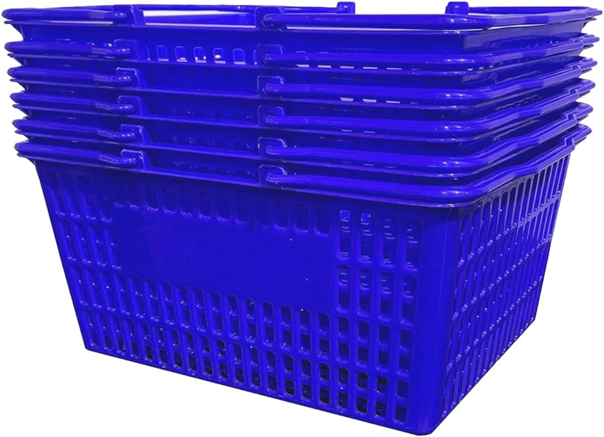 Stackable Plastic Shopping Baskets, Red and Blue, Easy-Grip Handles for Grocery, Retail, Liquor Stores, Home Use (2-pack, Blue)