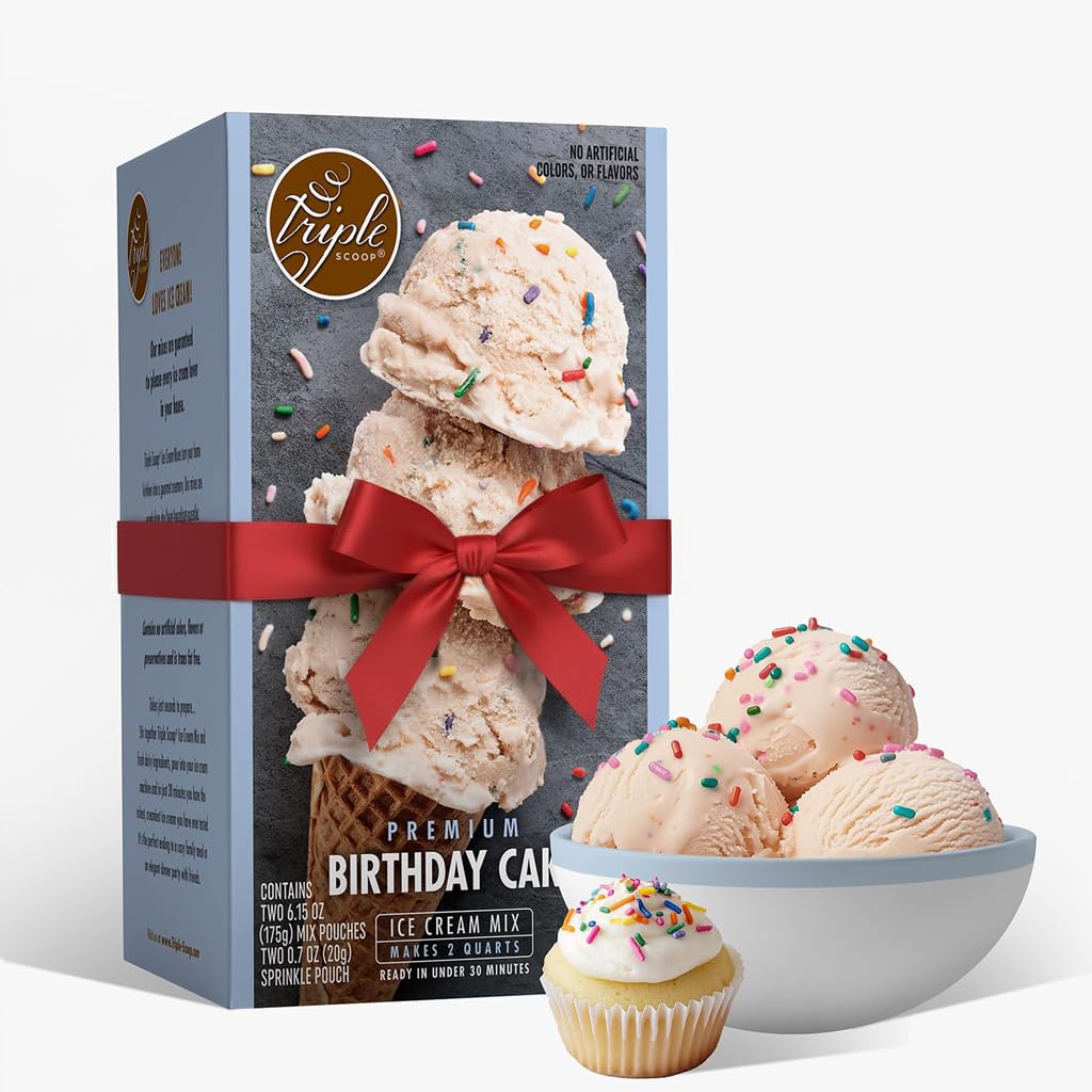 Triple Scoop - Premium Birthday Cake Ice Cream Mix For Ice Cream Maker. Simple, Easy, Delicious. From Gourmet Mix To Maker in 5 Minutes, Makes 2 Creamy Quarts, Made in USA (1 Pack, Birthday Cake)