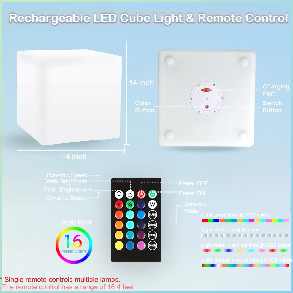 14 inch Versatile LED Cube Light Chair, Rechargeable Light Cubes Table w/Remote, RGB Color Changing Night Light Cube, IP65 Waterproof Lighted Cubes Stool Mood Lights for Kid Home Garden Patio Party