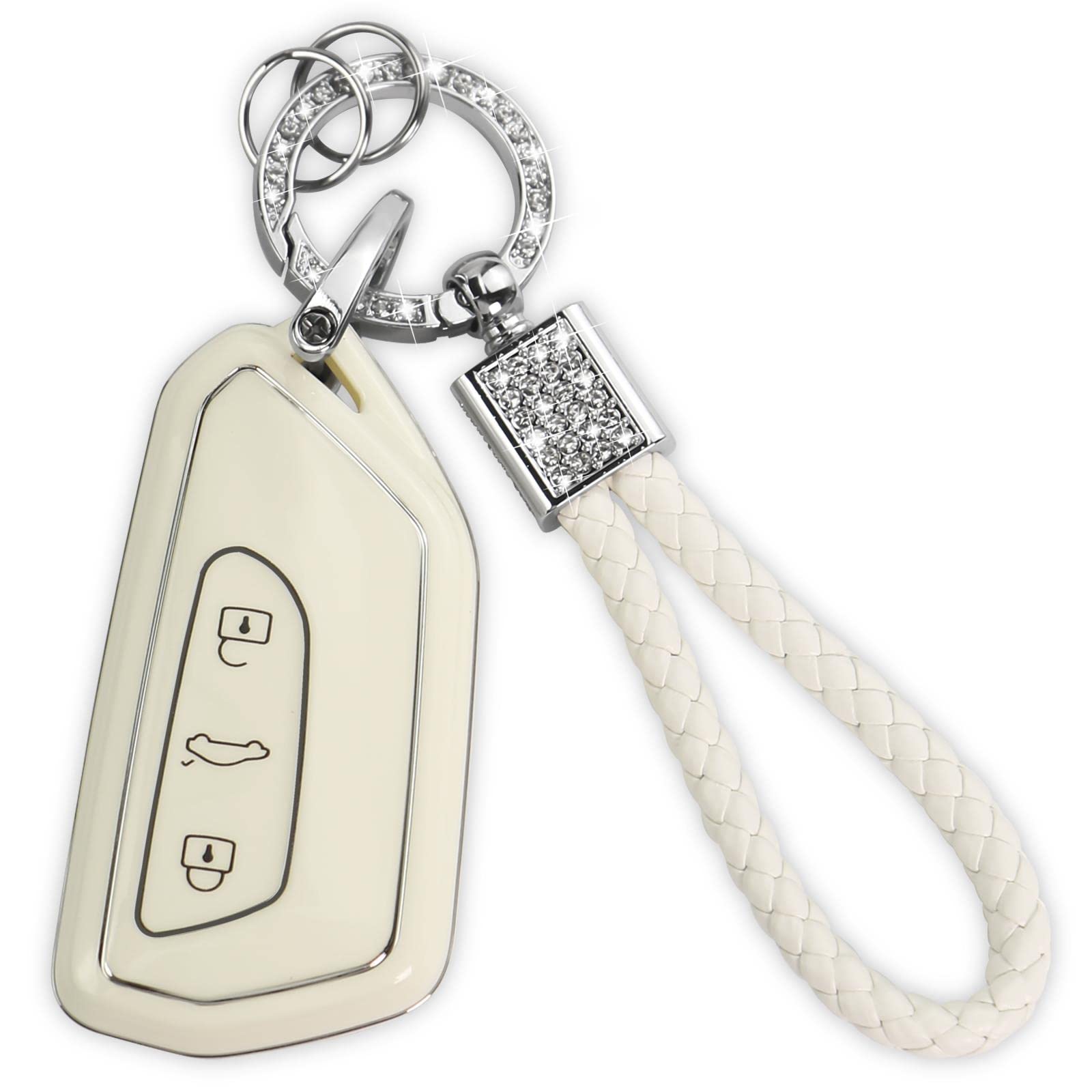 Photo 1 of Hepomll for VW Volkswagen Key Fob Cover for Golf 8 ID4, Seat Leon MK 4, Skoda Octavia Soft TPU Keys Shell Protector Case Bling Leahter Women Girl Keychain Car Accessories and 6 Key Ring, White for Volkswagen B 3button    2 PACKS