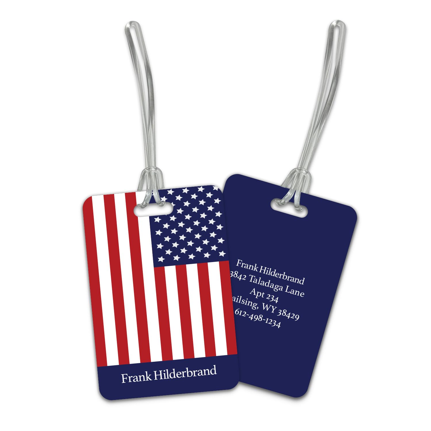 Personalized American Flag Tag / 2.75" x 4" Custom Stars and Stripes Luggage tag/Double Sided Durable Plastic with Plastic Strap/Made in The USA