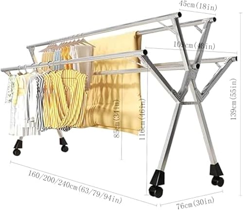 Miniatura 2 de Industrial-Grade Folding Drying Rack, 5-Rod Stainless Steel Laundry Hanger, Heavy Duty, Space-Saving, Retractable for Balcony, Bedroom (94in 94in)